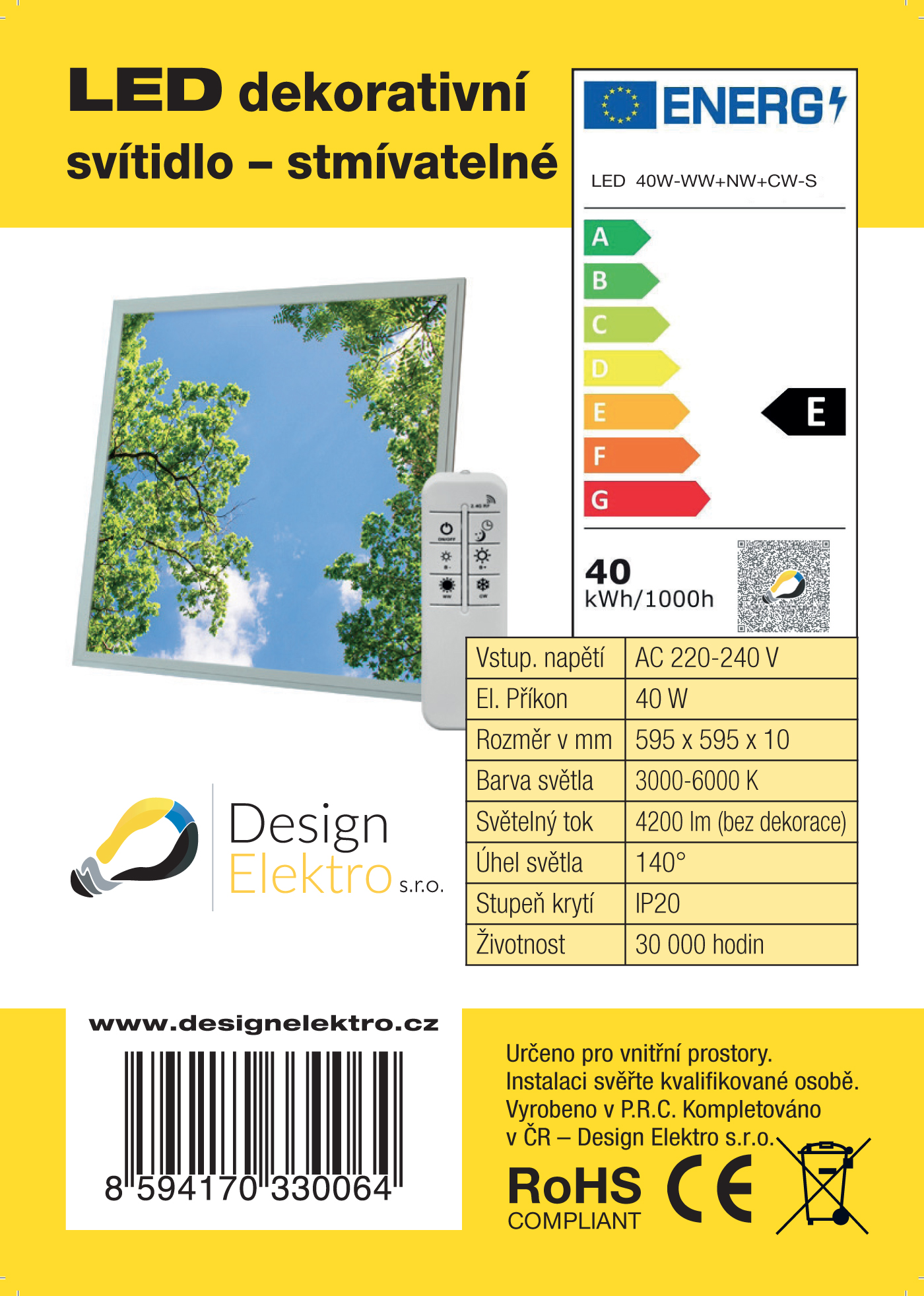 Dekorativní LED svítidlo - LED panel 60x60 cm - vlastní motiv - stmívatelný (nejvyšší verze LED panelu) - energetický štítek