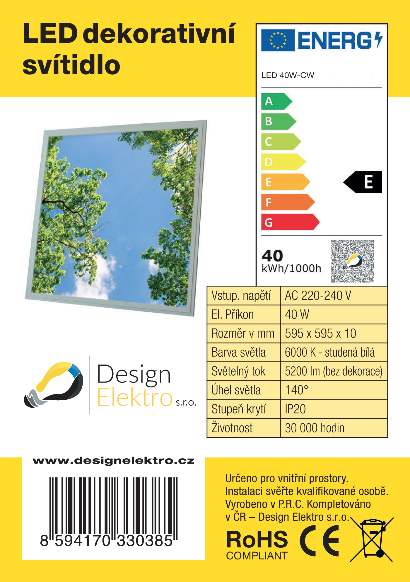 Dekorativní LED svítidlo - LED panel 60x60 cm - vlastní motiv - nestmívatelný - energetický štítek